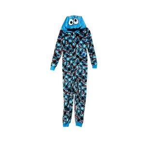 C201 Sesame Street Cookie Monster One Piece Pajamas Santa Hat Blue Size Small
